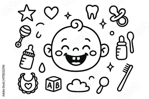 Baby's First Tooth. Hand-drawn doodle illustration Baby smile with first tooth [baby face, tooth, sparkle, heart, star, pacifier, rattle, bottle, bib, spoon,