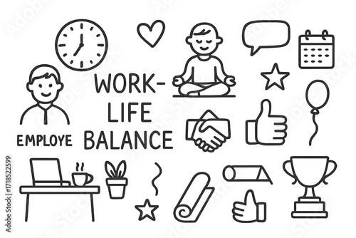 Work-Life Balance Doodles. Hand-drawn doodle illustration Work-life balance Employee, clock, desk, laptop, coffee cup, plant, heart, speech bubble, calendar,