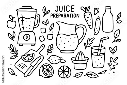Juice Making Icons. Hand-drawn doodle illustration Juice preparation, blender, fruits, vegetables, pitcher, glass of juice, straw, ice cubes, leaves, bottle,