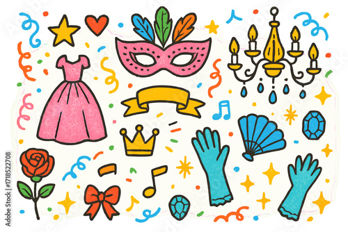 Whimsical Masquerade Illustration. Colorful Hand-drawn doodle Children illustration Masquerade ball mask with feathers, gown, chandelier, ribbon, heart, star,