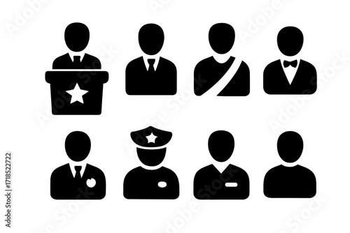 Government Hierarchy Icons. Solid, filled icon set of government hierarchy: president, senator, governor, mayor, councilor, officer, clerk, citizen. Solid,