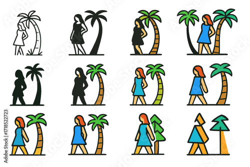 Model Logo Grid. Set Logo of Model on Location: fashion model posing near palm trees. Logo set in vector style, emblematic variations. line, bold thick line,