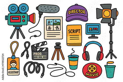 Film Production Doodles. Colorful Hand-drawn doodle Children illustration Film production camera, boom mic, director?s hat, storyboard, script, light stand,