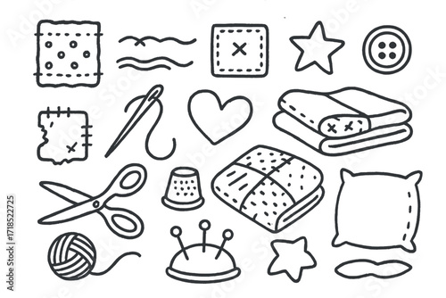 Quilt Repair Doodle. Hand-drawn doodle illustration Quilt repair torn fabric, stitching line, patch, button, needle, thread, scissors, thimble, folded quilt,
