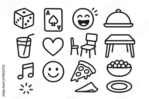 Game Night Doodles. Hand-drawn doodle illustration Game night dinner fun dice, card, laughter icon, food tray, drink glass, heart, chair, table, music note,