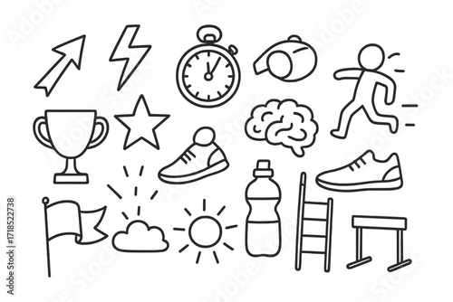 Performance Icons Doodle. Hand-drawn doodle illustration high performance arrow, lightning bolt, stopwatch, whistle, trophy, star, brain, sprinting figure,