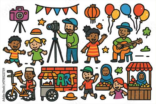 Diverse Street Celebration. Colorful Hand-drawn doodle Children illustration Street photography capturing cultural diversity camera, tripod, city street,