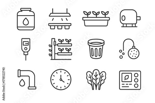 Hydroponics Icon Set. Hydroponics. Line icon set of hydroponics: nutrient tank, grow light, seedling tray, water pump, pH meter, vertical system, net pot,