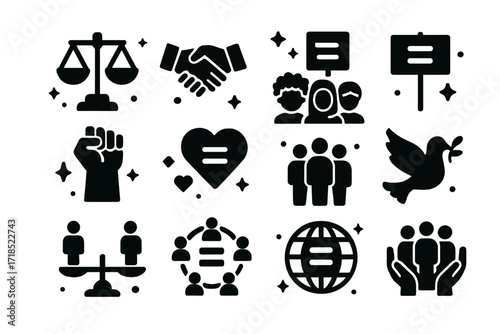 Symbols of Equality. Social Equality. Solid icons set of justice scale, handshake, equality symbol, protest sign, raised fist, diverse group, heart with equal