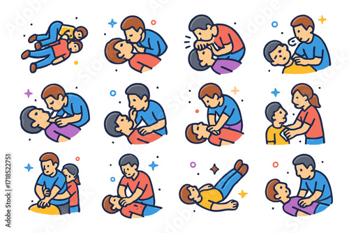 Basic Life Support Icons. Colorful isometric vector icons set of basic life support skills: recovery position, airway check, breathing assessment, circulation