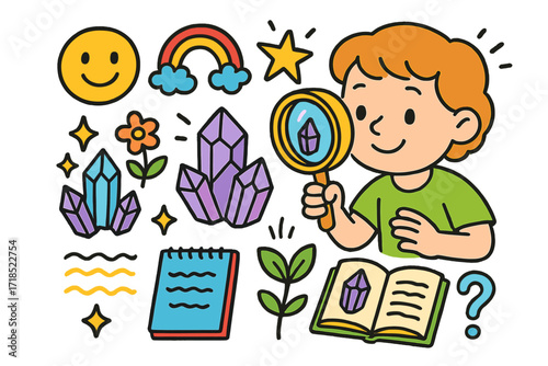 Child Explores Crystals. Colorful Hand-drawn doodle Children illustration Child Exploring Crystals gem, magnifying glass, happy face, rainbow, crystal cluster,