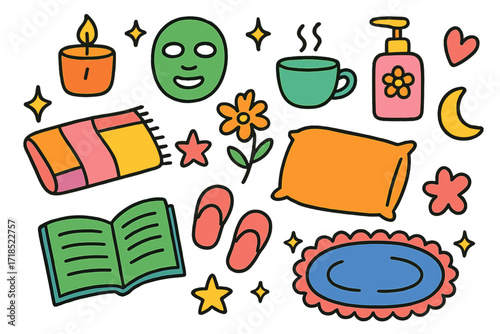 Cozy Self-Care Doodle. Self-care night. Colorful Hand-drawn doodle Children illustration candle, face mask, tea cup, blanket, pillow, star, heart, moon,