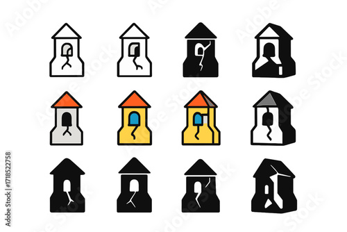 Village Emblem Design. Set Logo of Devastated village: Cracked church bell tower. Logo set in vector style, emblematic variations. line, bold thick line, solid