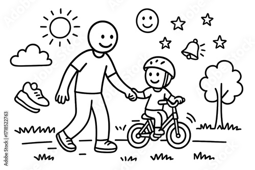 Parent-Child Bike Ride. Hand-drawn doodle illustration Parent support during bike ride adult figure, kid on bike, holding hand, helmet, encouragement icon,