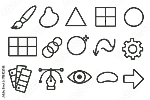 Artistic Design Elements. Hand-drawn doodle illustration Artistic color balance brush, paint blob, triangle, square, rule of thirds grid, circle, blend tool,