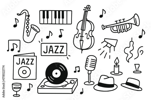 Jazz Vinyl Doodle. Hand-drawn doodle illustration Jazz on vinyl [saxophone, piano, double bass, record, trumpet, notes, turntable, jazz club sign, wine glass,