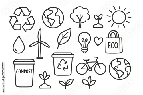 Eco Recycling Doodle. Hand-drawn doodle illustration eco recycling symbols recycling arrows, earth, leaf, tree, sprout, heart, sun, water droplet, wind