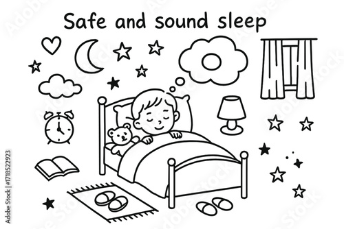 Cozy Bedtime Doodles. Hand-drawn doodle illustration Safe and sound sleep [child in bed, pillow, blanket, teddy bear, heart, moon, stars, cloud,