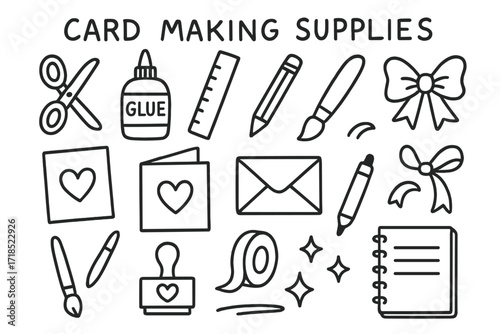 Card Making Tools. Hand-drawn doodle illustration Card Making Supplies [scissors, glue, ruler, pencil, paper, folded card, envelope, ribbon, bow, tape, marker,