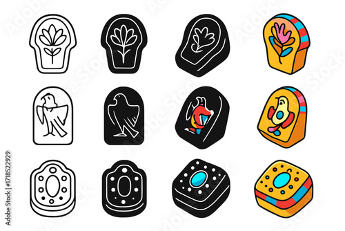 Decorative Sarcophagus Icon Set. Icon Set of Decorative sarcophagus: lotus carving, falcon emblem, jeweled cover. Icons set in vector style, emblematic