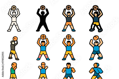 Athlete Warm-Up Logos. Set Logo of Athletes Warming Up: Basketball player jumping jacks. Logo set in vector style, emblematic variations. line, bold thick