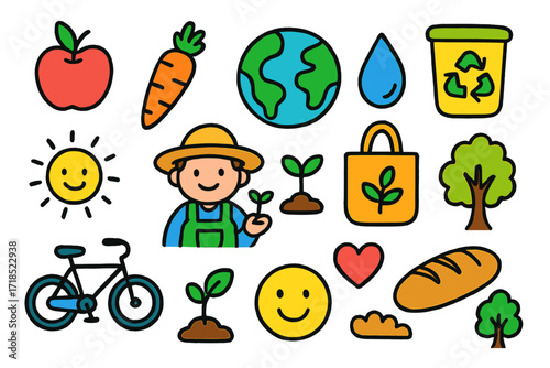 Sustainable Food Doodle. Colorful Hand-drawn doodle Children illustration food sustainability apple, carrot, crate, recycling bin, globe, bike, sun, water