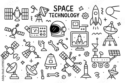 Space Technology Doodles. Space technology. Hand-drawn doodle illustration space technology satellites, telescopes, antennas, rockets, capsules, control
