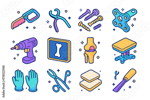 Orthopedic Tool Icons. Colorful isometric vector icons set of orthopedic tools: bone saw, bone clamp, surgical screws, metal plate, orthopedic drill, x-ray