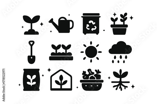 Organic Farming Icons. Organic Farming. Solid icons set of organic farming: sprout, watering can, compost bin, potted herbs, shovel, garden bed, sun, rain