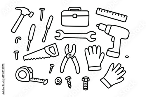 Toolbox Essentials Doodle. Hand-drawn doodle illustration nail hammer hammer, nail, toolbox, ruler, screwdriver, wrench, saw, pliers, tape measure, drill,