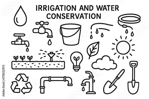 Irrigation Doodle Icons. Hand-drawn doodle illustration Irrigation and water conservation [water droplet, faucet, bucket, drip hose, sprinkler, soil, crops,