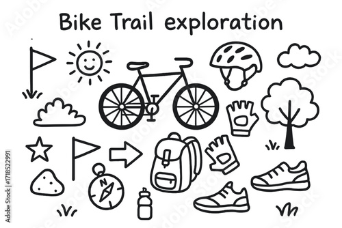 Bike Trail Adventure Icons. Hand-drawn doodle illustration Bike trail exploration bike, helmet, gloves, backpack, shoes, flag marker, arrow sign, sun, cloud,