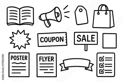 Advertising Doodle Icons. Advertising. Hand-drawn doodle illustration catalog, megaphone, price tag, shopping bag, starburst, coupon, barcode, sale sign,