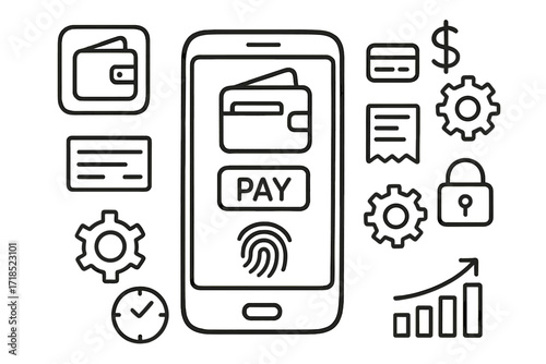 Mobile Wallet Icons. Hand-drawn doodle illustration Mobile wallet interface phone screen, app icon, wallet, digital card, pay button, currency