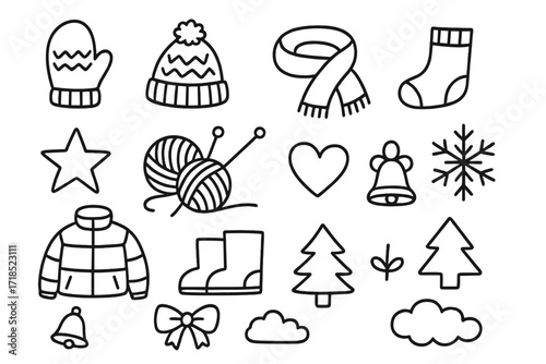 Winter Knitted Doodles. Hand-drawn doodle illustration Warm knitted gear mitten, knit hat, scarf, sock, wool yarn ball, knitting needles, star,