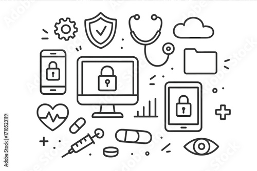 Healthcare Digital Security Icons. Hand-drawn doodle illustration digital health security computer, smartphone, tablet, lock, shield, gear, stethoscope, cloud,