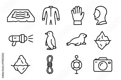 Arctic Diving Icons. Arctic diving. Line icon set of arctic diving: ice hole, drysuit, thick gloves, hood, underwater light, penguin, seal, whale, iceberg,