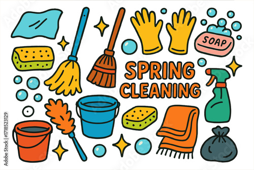 Spring Cleaning Icons. Spring Cleaning. Colorful Hand-drawn doodle Children illustration damp rag, mop, broom, bucket, sponge, spray bottle, gloves, soap bar,
