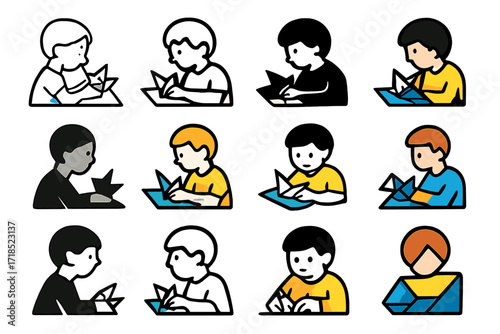 Origami Logo Designs. Set Logo of Young artists: Child folding origami. Logo set in vector style, emblematic variations. line, bold thick line, solid black