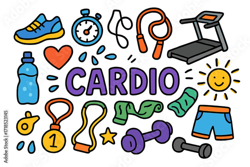 Cardio Fitness Doodle. Cardio. Colorful Hand-drawn doodle Children illustration Cardio running shoes, stopwatch, skipping rope, treadmill, water bottle,