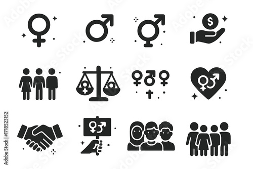 Gender Equality Icons. Gender Equality. Solid icons set of female symbol, male symbol, gender-neutral symbol, equal pay, diverse workplace, balance scale,