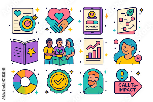 Social Impact Icons. Colorful isometric vector icons set of storytelling for social impact branding: mission alignment card, nonprofit partner logo, donation