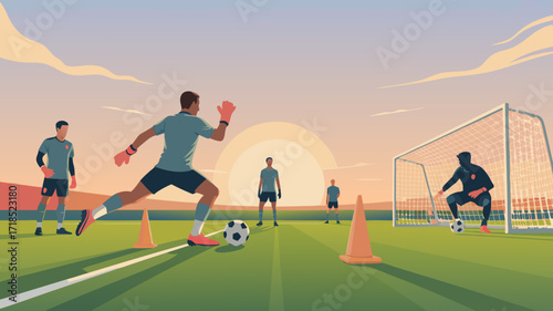 Football Training Session: Goalkeeper Kicks Ball, Sunlit Field, Soccer Players Sport