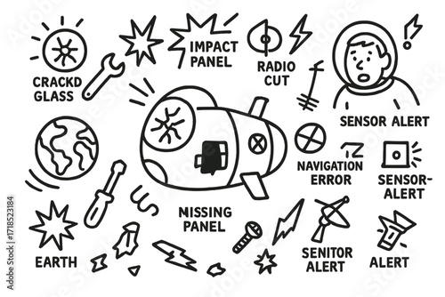 Spacecraft Damage Doodles. Hand-drawn doodle illustration spacecraft damage by debris cracked glass, impact burst, missing panel, tool float, shock icon, Earth