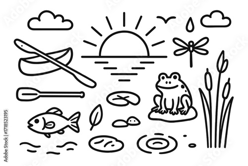 River Sunset Doodle. Hand-drawn doodle illustration River sunset sun, canoe, paddle, fish, frog, dragonfly, reeds, lily pad, leaf, rock, water ripple, cloud,