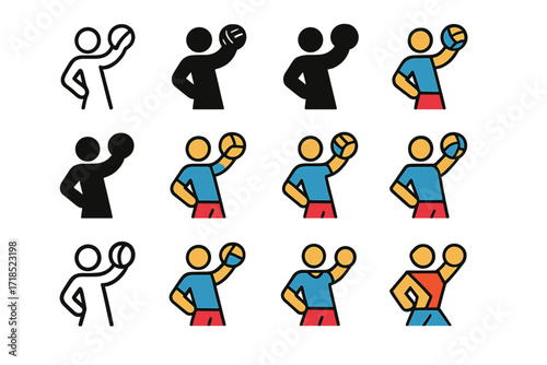 Volleyball Warm-Up Logos. Set Logo of Athletes Warming Up: Volleyball player arm swings. Logo set in vector style, emblematic variations. line, bold thick