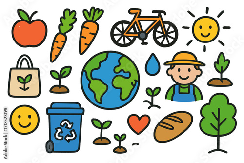 Sustainable Food Doodle. Colorful Hand-drawn doodle Children illustration food sustainability apple, carrot, crate, recycling bin, globe, bike, sun, water