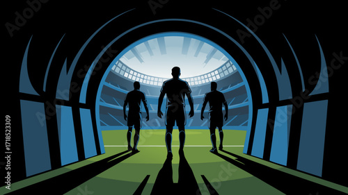 Soccer Players Emerging From Stadium Tunnel Ready to Play Match Silhouette