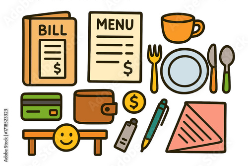 Doodle Restaurant Set. Colorful Hand-drawn doodle Children illustration Restaurant bill folder [bill folder, menu, plate, fork, knife, spoon, cup, receipt,