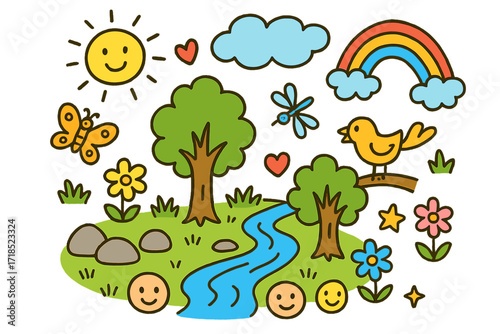 Colorful Forest Doodle. Colorful Hand-drawn doodle Children illustration Forest Springs water stream, rocks, trees, flowers, butterfly, sun, rainbow, cloud,